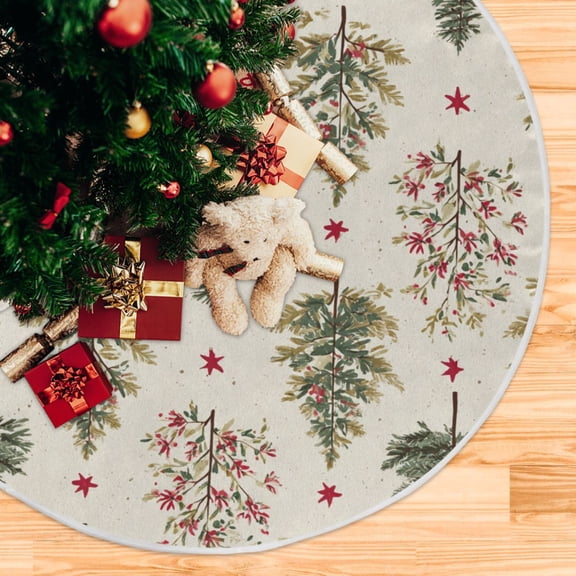Hand Painted Christmas Trees with Red Stars Christmas Tree Skirt Opening Design Floor Mat Holiday Decor 35 inch