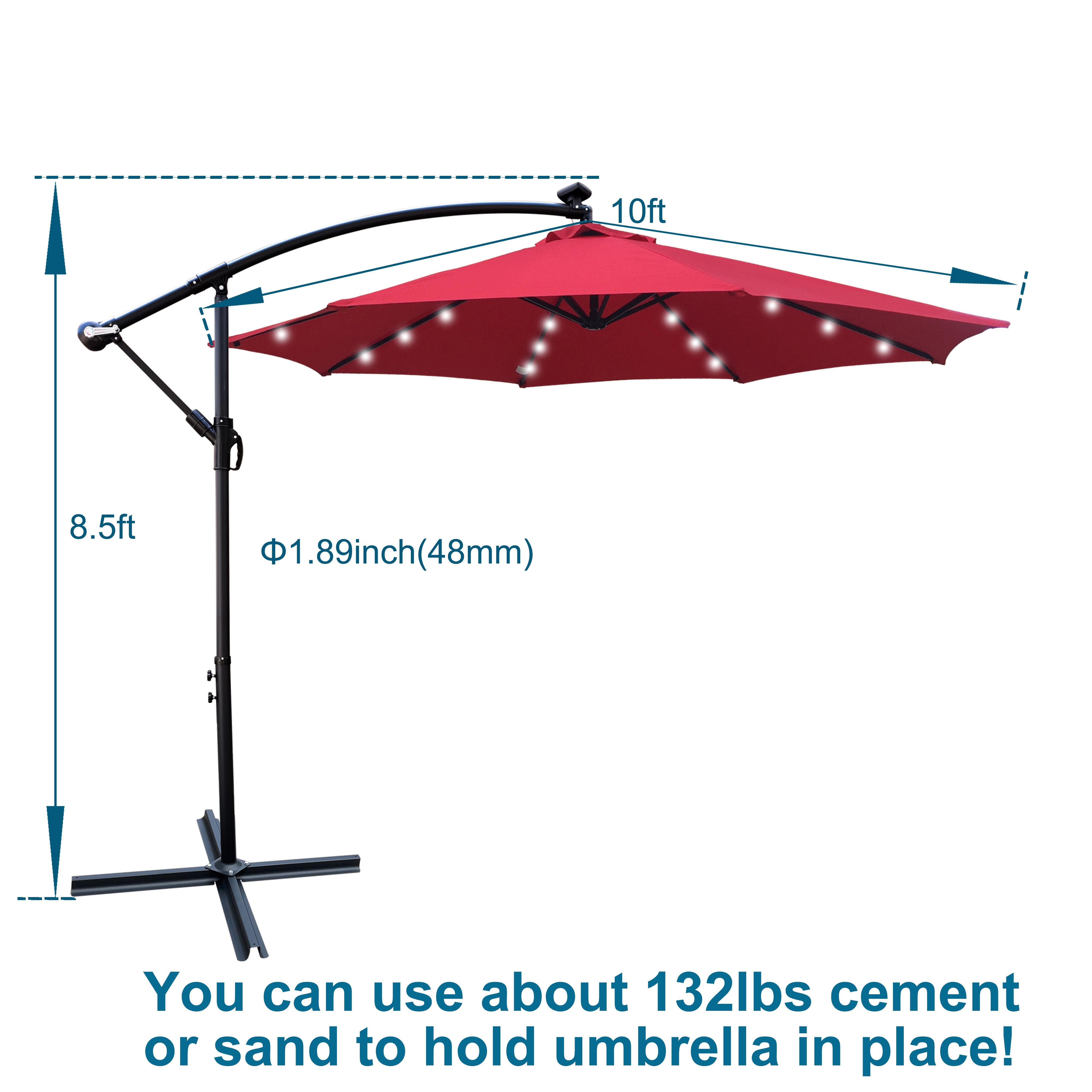 10 FT Round Outdoor Patio Umbrella, Solar LED Lighted Waterproof Sun Shade Umbrella with Stable Base, Red