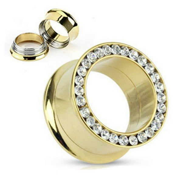 24k Gold Plated Double Flared Screw-on Plugs/Gauges/Tunnels with Clear CZ 7/16'' (11MM) 2 Pieces (1 Pair)(A/3/3/22)