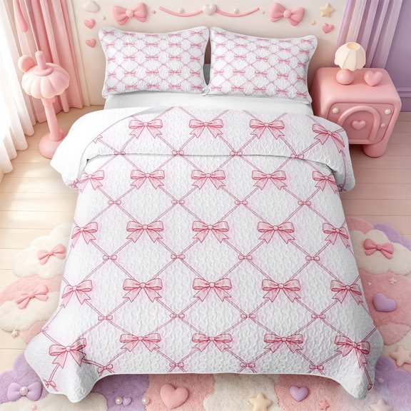 Manfei Girly Bowtie Quilt Full,Cute Pink Bow Full Bedspread Sets,3-Piece,1 Coverlet and 2 Pillowcases