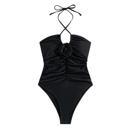 Bathing Suit for Women V-Neck Tummy Control One Piece Women s Ruched Swimsuit 3D Flower Tie Back Floral Swimwear Monokini Swim Suits Trendy 2025 Black