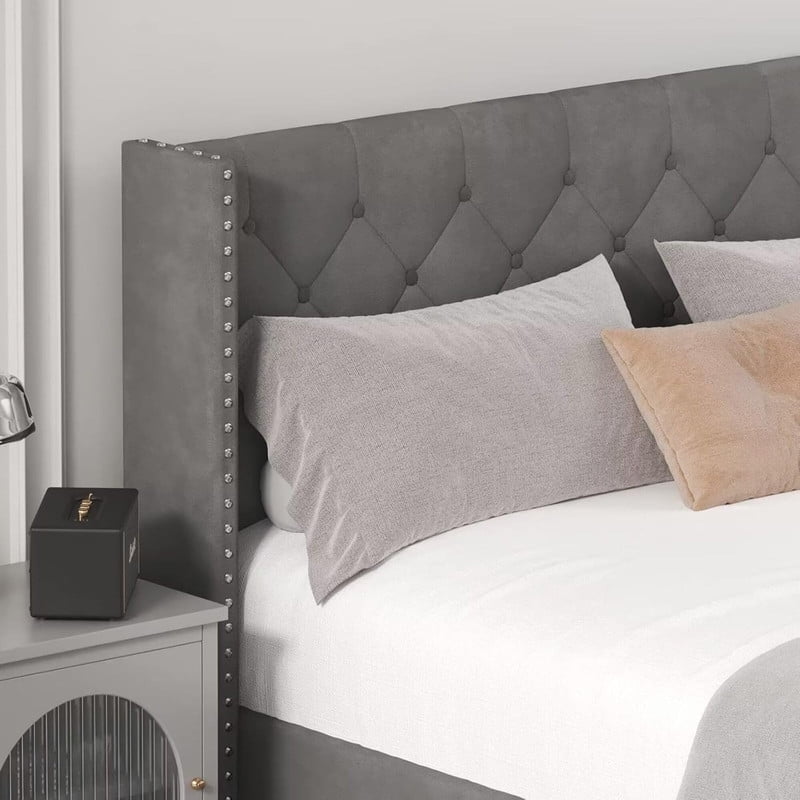 Full Size Upholstered Platform Bed Frame with Wingback Headboard, Diamond Tufting, and LED Lights - Wood Slat Support, No Box Spring Needed, Easy Assembly, Noise-Free, Grey