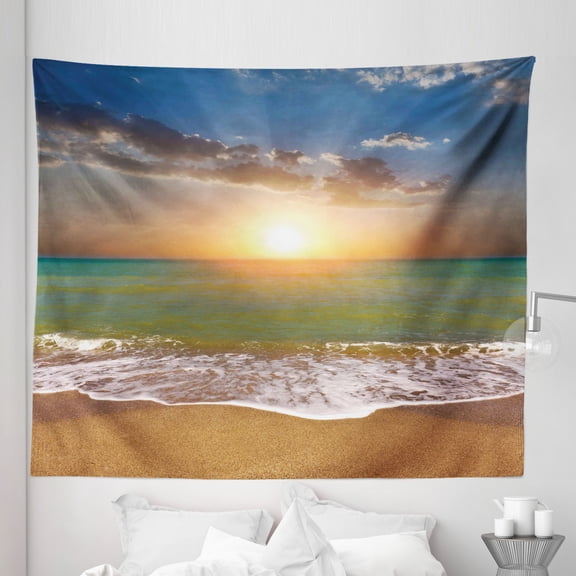 Sunset Tapestry, Idyllic Scenery at the Beach Dramatic Sky Setting Sun and Ocean Tranquil View, Fabric Wall Hanging Decor for Bedroom Living Room Dorm, 5 Sizes, Multicolor, by Ambesonne