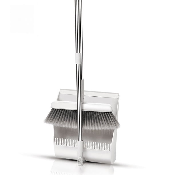 Juego de recogedor y escoba de pelo suave con soporte de cubo inclinable de acero inoxidable blanco, giratorio para el hogar, resistente al viento, combinación de barrido