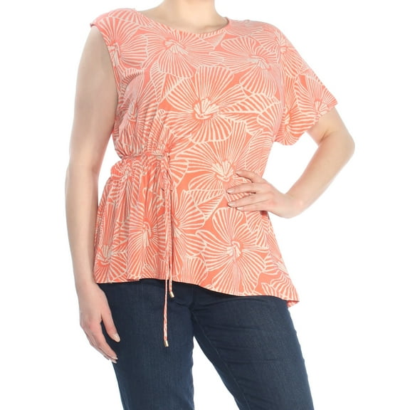 DKNY Womens Coral Asymmetrical Printed Sleeveless Jewel Neck Top Size: XL