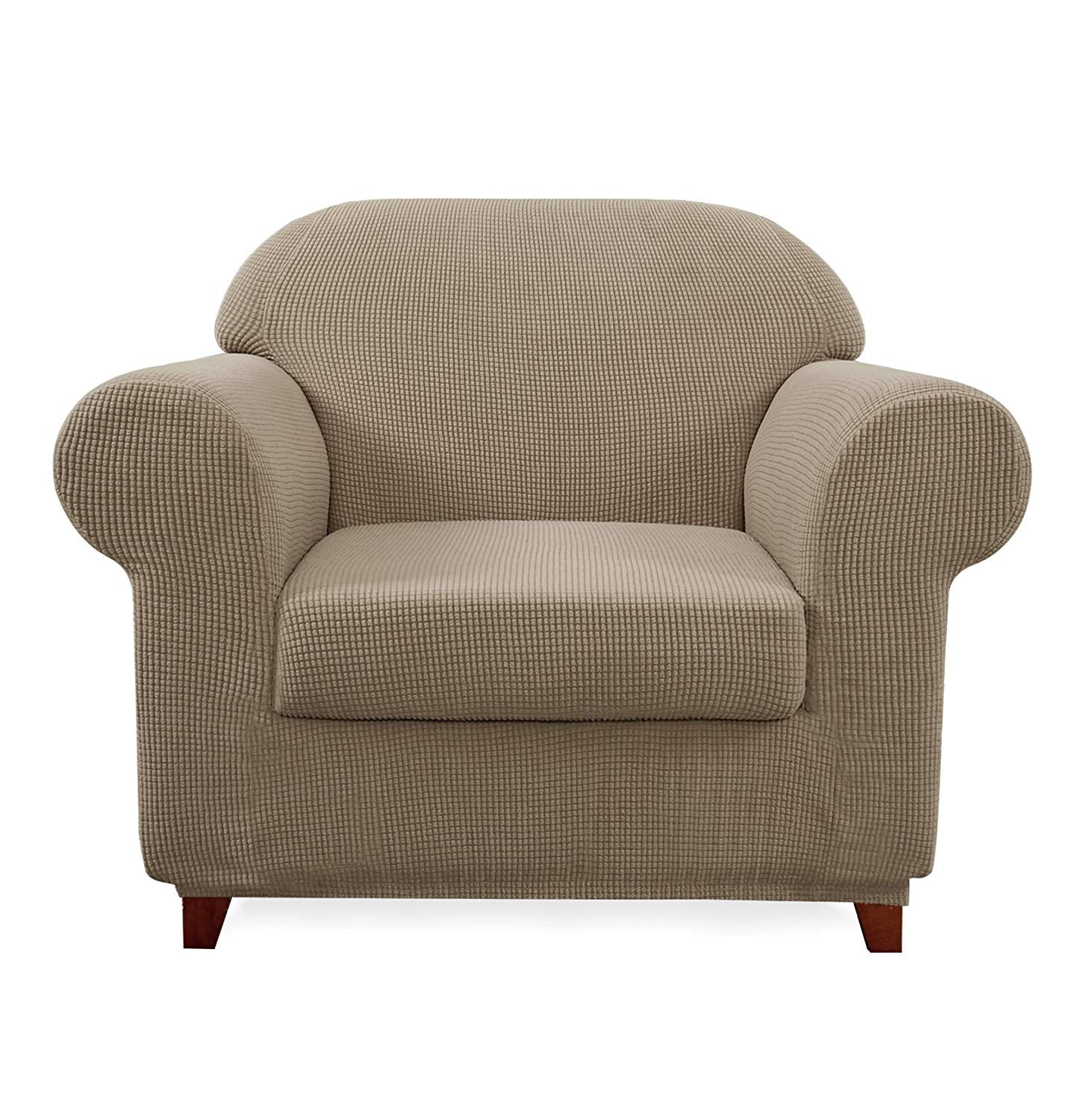 Subrtex Stretch 2Piece Textured Plaid Armchair Slipcover, Sand