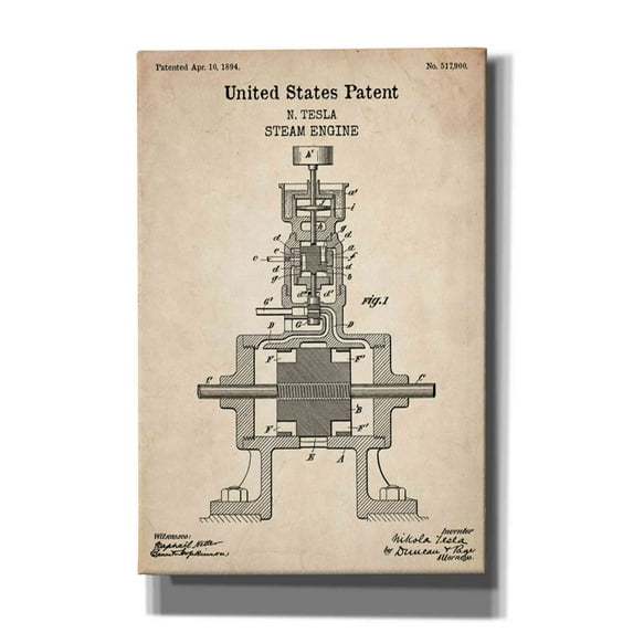 Epic Graffiti "Tesla Steam Engine Blueprint Patent Parchment" Giclee Canvas Wall Art, 12"x18"