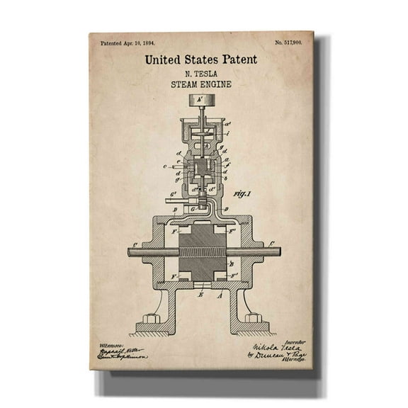 Epic Graffiti "Tesla Steam Engine Blueprint Patent Parchment" Giclee Canvas Wall Art, 12"x18"