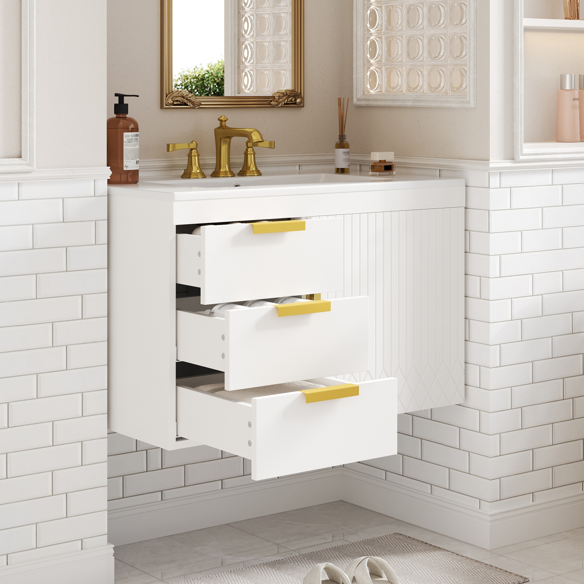 Euroco 30" Wall Mounted Bathroom Cabinet with Ceramic Basin Sink, Bathroom Cabinet with Soft-Closing Door and Drawers, Modern Bathroom Vanity with Sink