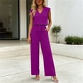thumbnail image 2 of Womens Solid Color 2 Piece Outfit Set V Neck Sleeveless Cuffed Hem Top Elastic High Waist Pocket Wide Leg Pants Casual Matching Suit for Daily Vacation Purple S(S), 2 of 8