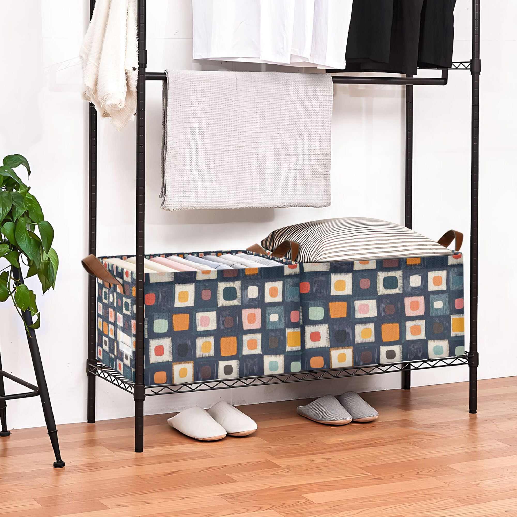 Yayeee Foldable Storage Basket for Shelves Set of 2 Waterproof Cloth Bins with Handles, Blue Circle Mosaic