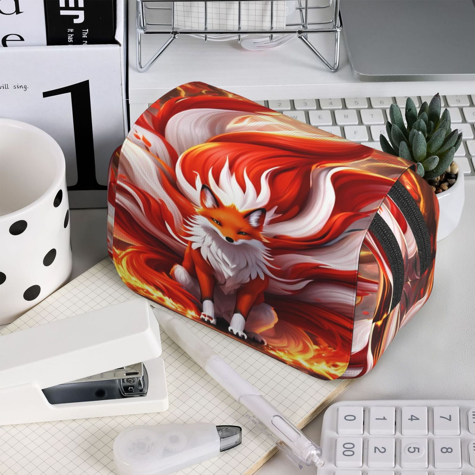 Rateoe Red Sun Flame Fox Pattern Double Clamshell Pen Case, Storage Organizer with Two Zipper Compartments– Holds Up to 50 Pencils & Pens