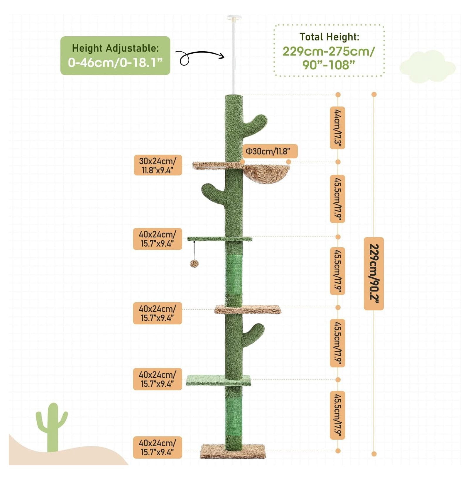 Cat Tree Cactus Tower, 95-108 Inch Adjustable Floor to Ceiling Cat Climbing Tower, 5 Level Cat Tree with Hammock & Scratching Posts for Indoor Cats