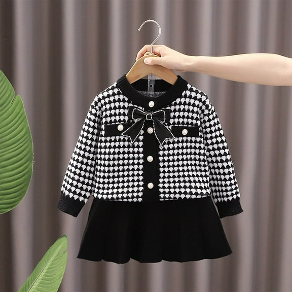 NAISIBABY Girls Skirt Set, Checked Long Sleeve Bow Tops Solid Skirt Fashion 2-Piece Knitted Outfit Black 1-2T