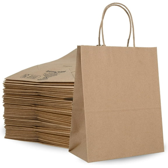 DURO 60# 8x4.5x10.25 Brown Paper Bags for Small Business, Small Kraft Bags with Handles, Holidays, Party Favors, Retail Shopping & Crafts - Pack of 50