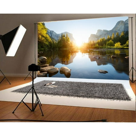 MOHome Polyster 7x5ft Photography Background Setting Sun Mountains Trees Rivers Nature Scenery Wedding Backdrops Adult Children Art Portraits Photographic Shooting Video Studio