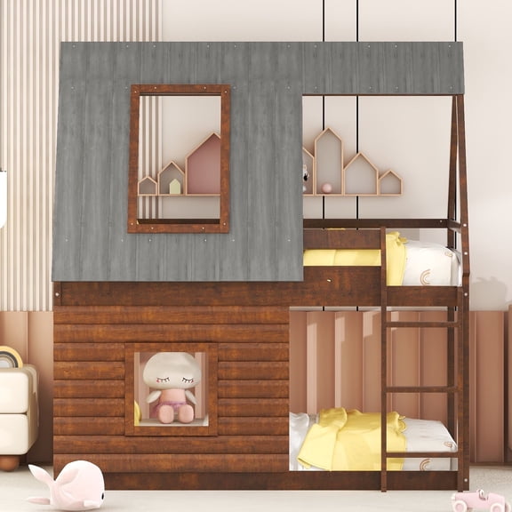 Bellemave Twin over Twin Bunk Bed with Ladder, Wood House Bunk Bed with Roof for Teens Bedroom, Oak Smoky Grey