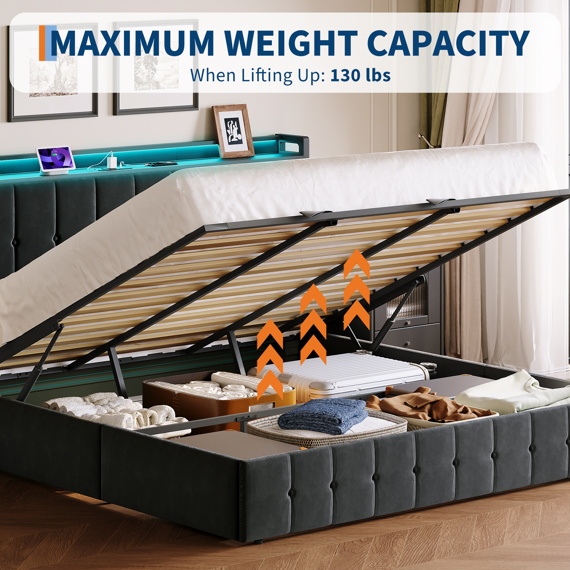 Ataucjin Queen Size Lift Up Storage Bed Frame, Upholstered Velvet Bed with Storage Headboard & Sturdy Wooden Slats Support, Metal Platform Bed, No Box Spring Needed, Noise Free