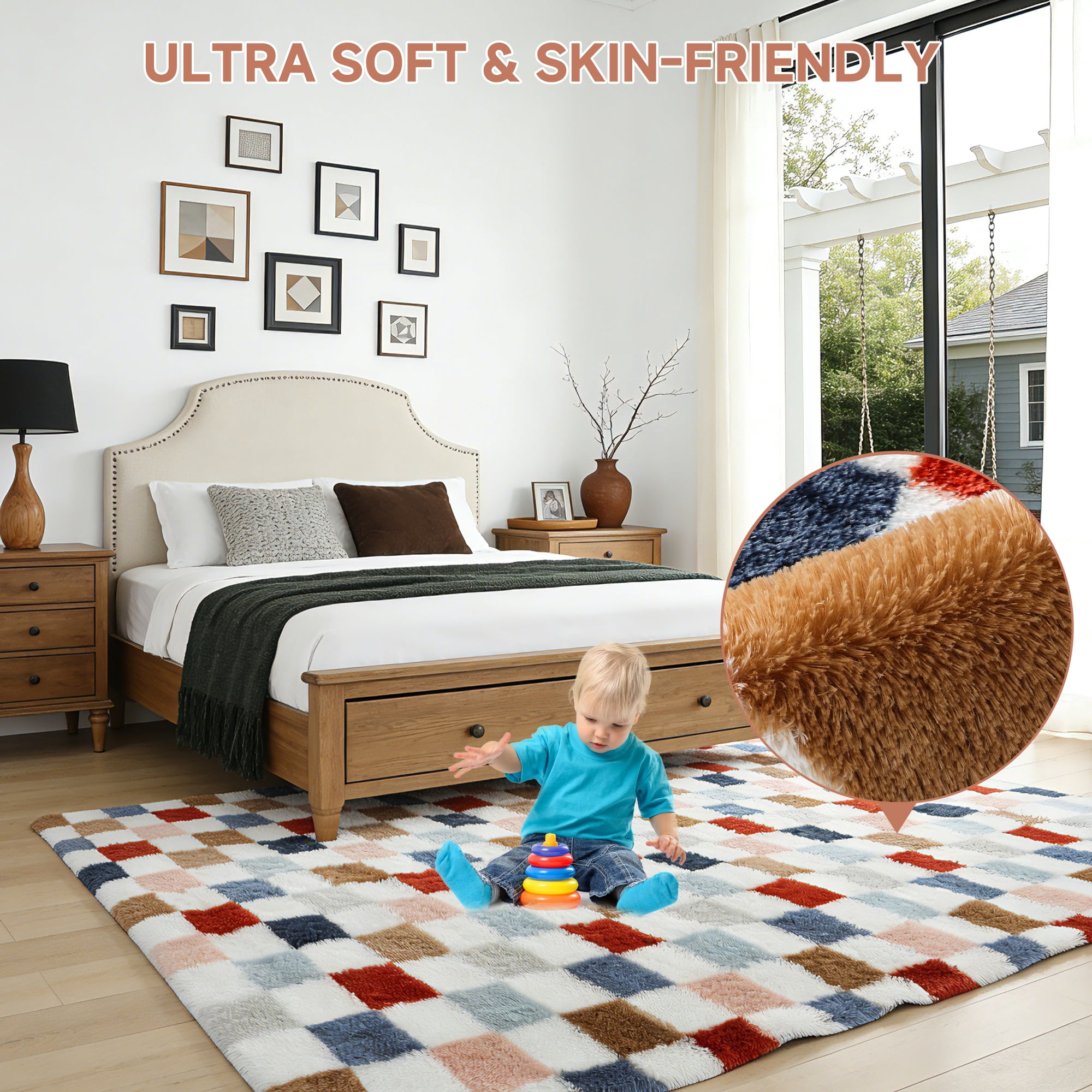 CozyDesg Shag Area Rugs, 8'x10' Soft Fluffy Floor Rugs Checkered Carpet，Washable Area Rugs for Living Room Bedroom Decor,Colorful C