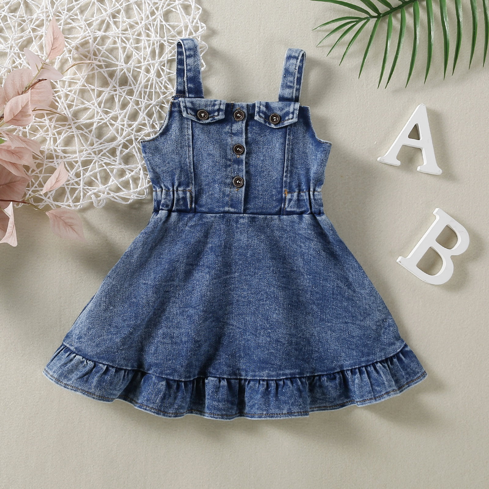 Gupgi Toddler Baby Girl Denim Dress Ruffles Sleeveless Strap Button A Line Jeans Dress Sundress Blue