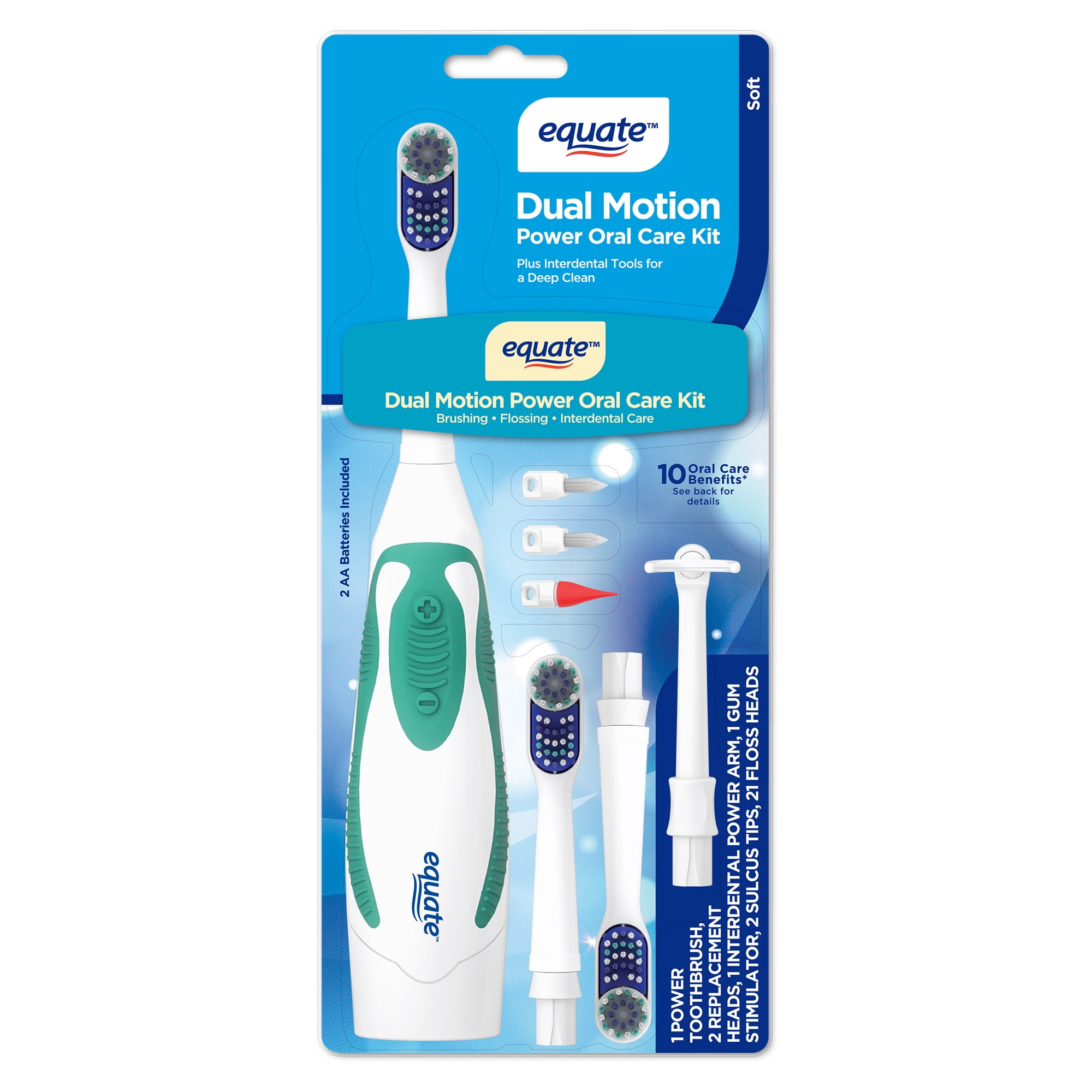 Equate Dual Motion Power Oral Care Kit with Interdental Tools, Soft