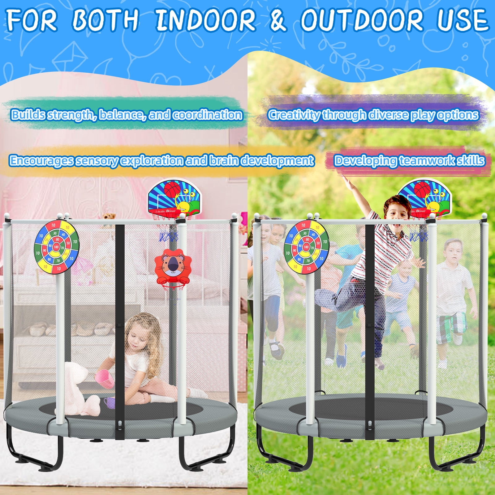 ACWARM HOME 5FT Toddler Trampoline For Kids 60" Mini Size Indoor&Outdoor With Safety Net Gift for Boys & Girls 440Lbs,Gray