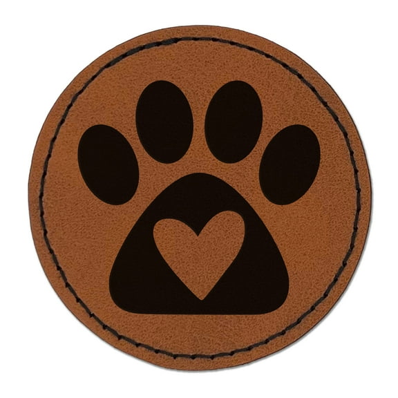 Paw Print with Heart Dog 2.5" Faux Leather Round Engraved Iron-On Patch - Brown