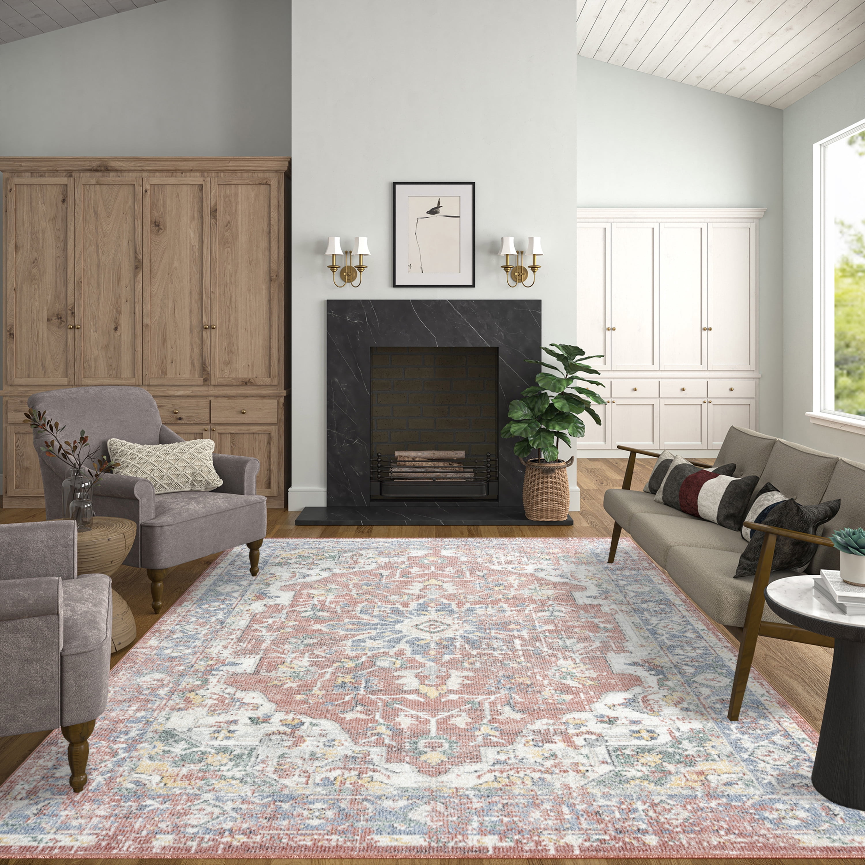 Addison Traditional 5' x 7' Rust and Blue Polypropylene Indoor Area Rug