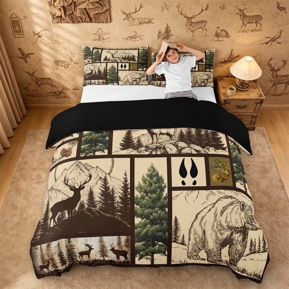 meiyoeat Retro Woodland Deer Duvet Cover Queen For Adults,Rustic Mountain Bear Pine Queen Bedding For Men,Black Reversible,3pcs(No Comforter)