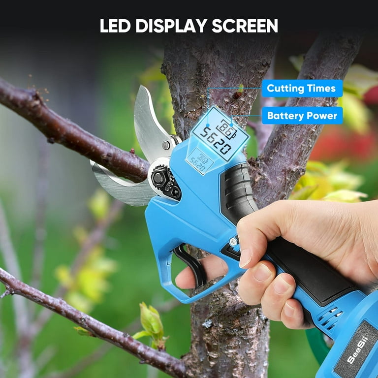 Electric Pruning Shears 40mm, Seesii Cordless Tree Pruner Heavy Duty w/ 2x  2.0Ah Battery, Replacement Blade, Power Display & 6-8 Working Hours