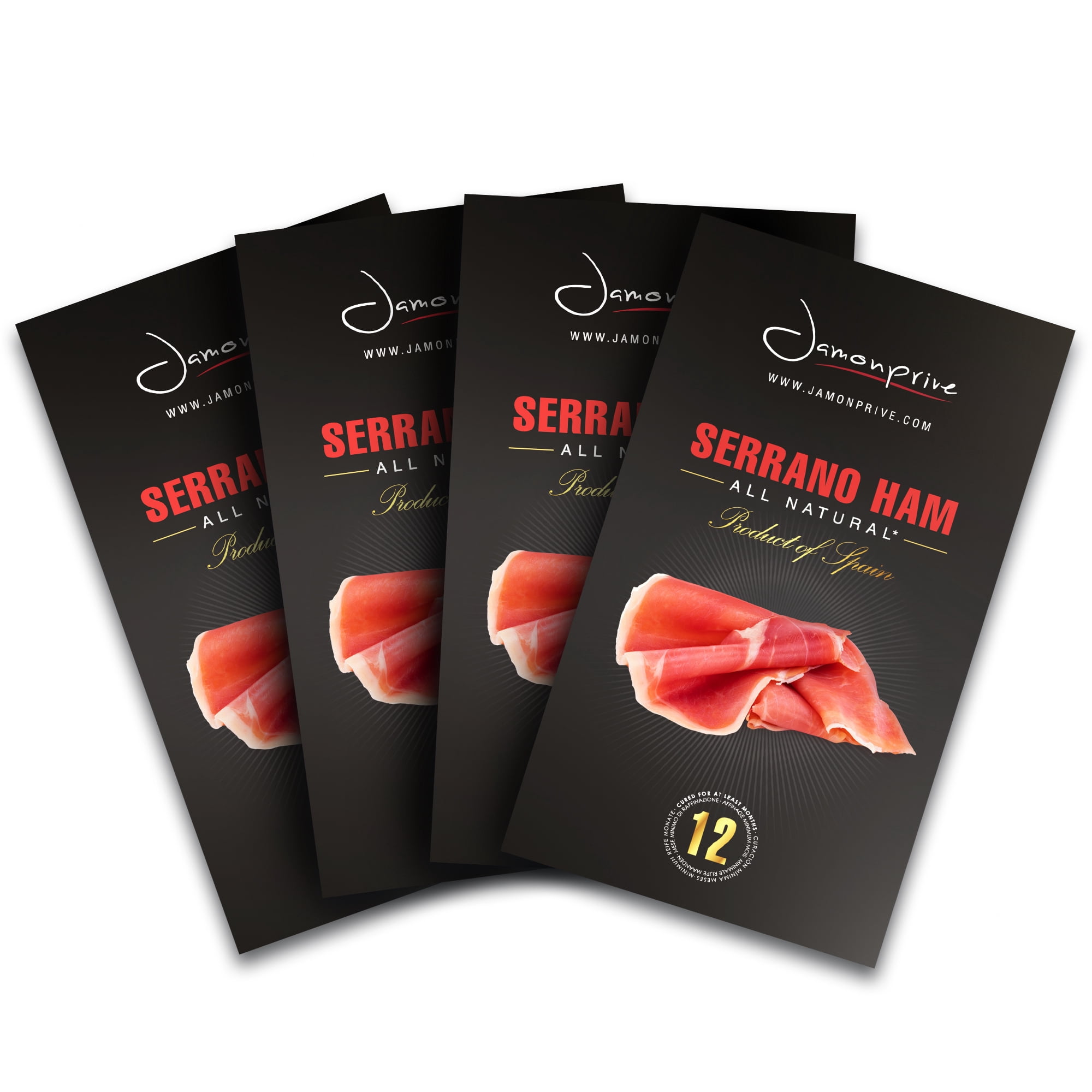 Spanish Serrano Ham Sliced Dry-Cured (12oz) -  Gluten Free (3 oz Each, Pack of 4 Units) - Jamonprive