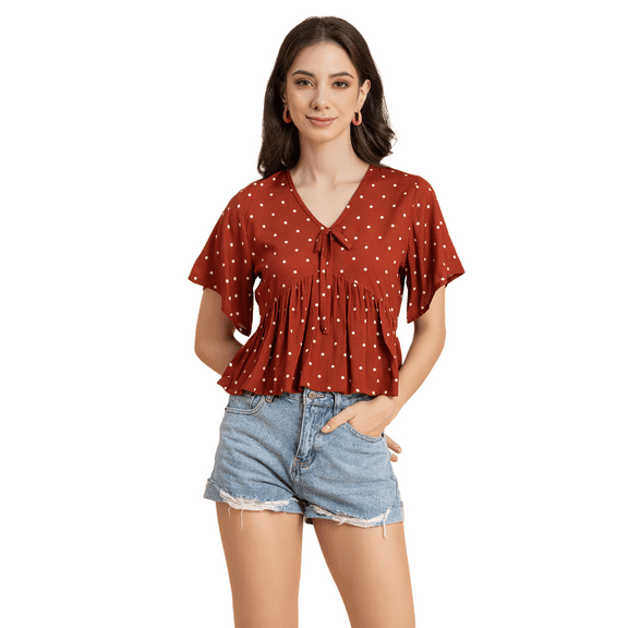 Moomaya Womens Printed Peplum Top, V Neck Viscose Summer Crop Top
