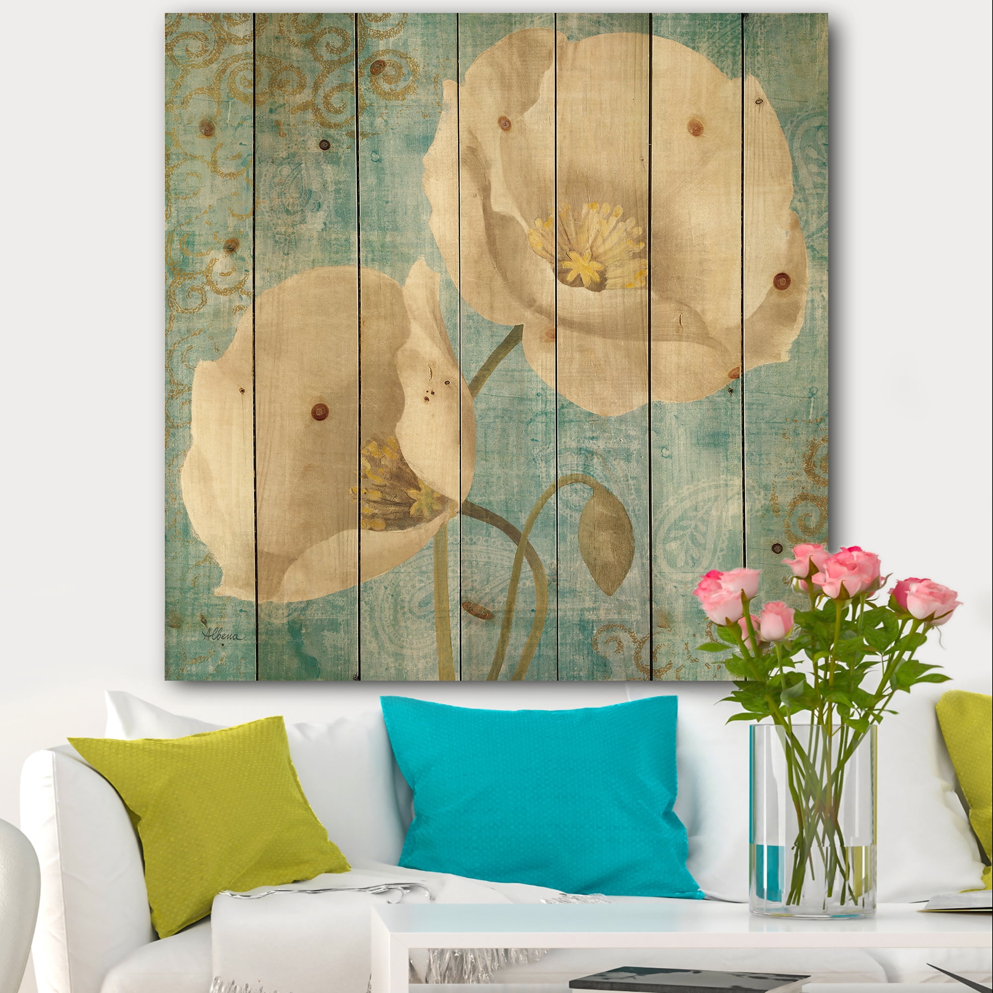 Designart 'bouquet Poppies on Paisley I' Cottage Print on Natural Pine Wood