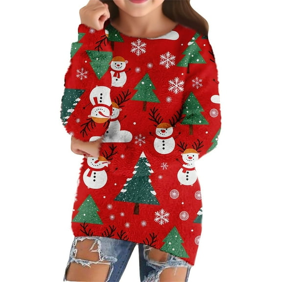 JLMSPLWG Merry Christmas Shirt Christmas Clothes for Cats Christmas Sweatshirts Basic Top Flower Top Childrens Clothes 7 Year Old Girl Clothes Girls, Red 7-8 Years