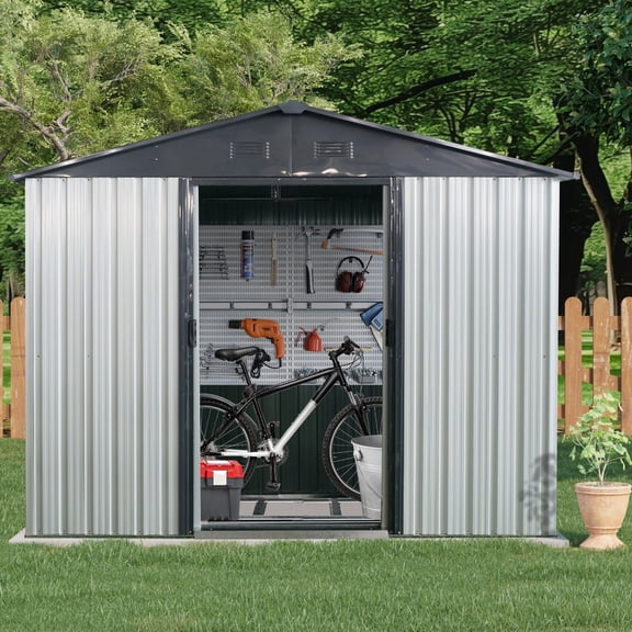 8ft x 4ft White Black Metal Storage Shed with Window for Outdoor Use