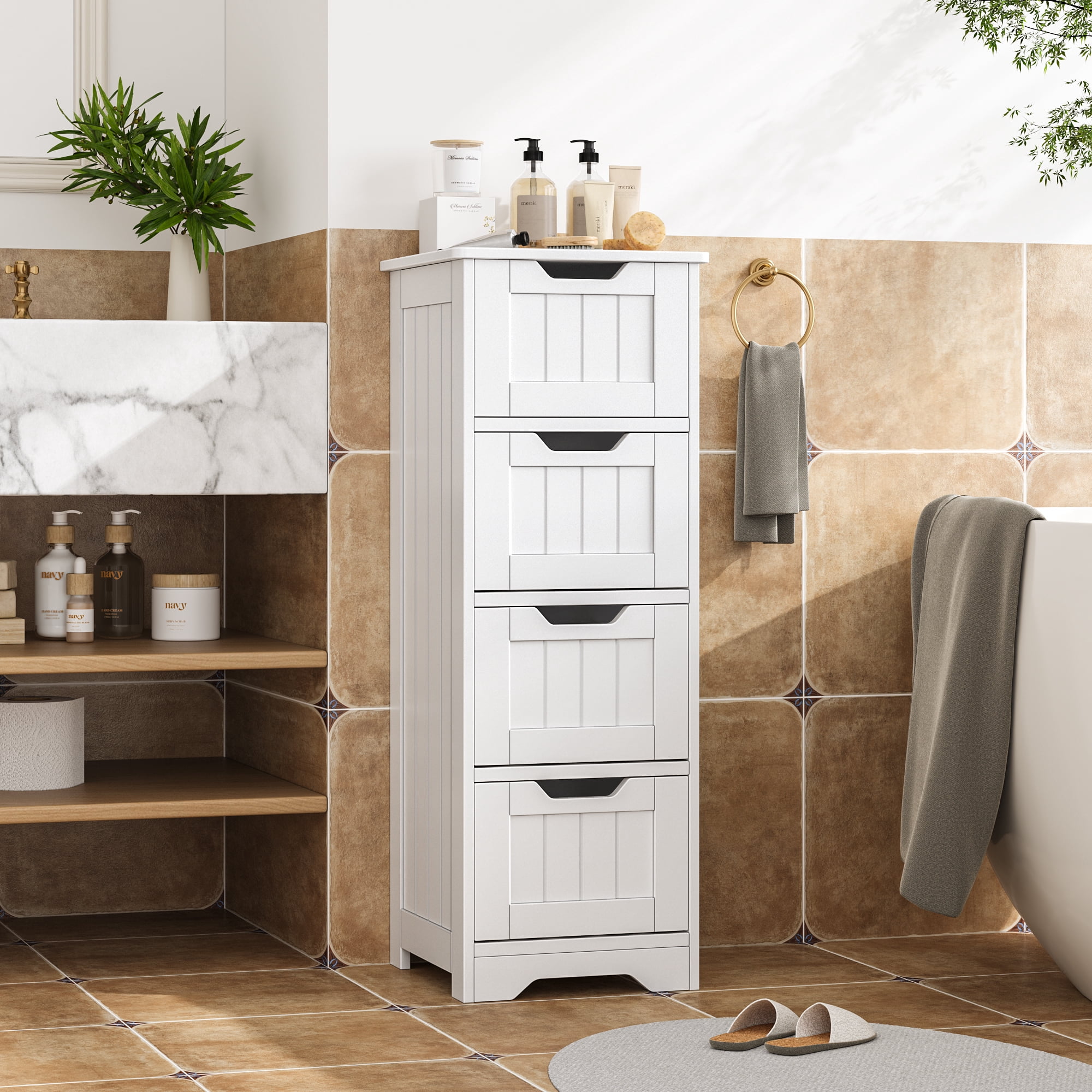Homfa Bathroom Storage Cabinet, Free Standing Narrow Cabinet with 4 Drawers Entryway Storage Organizer for Living Room Bedroom, White