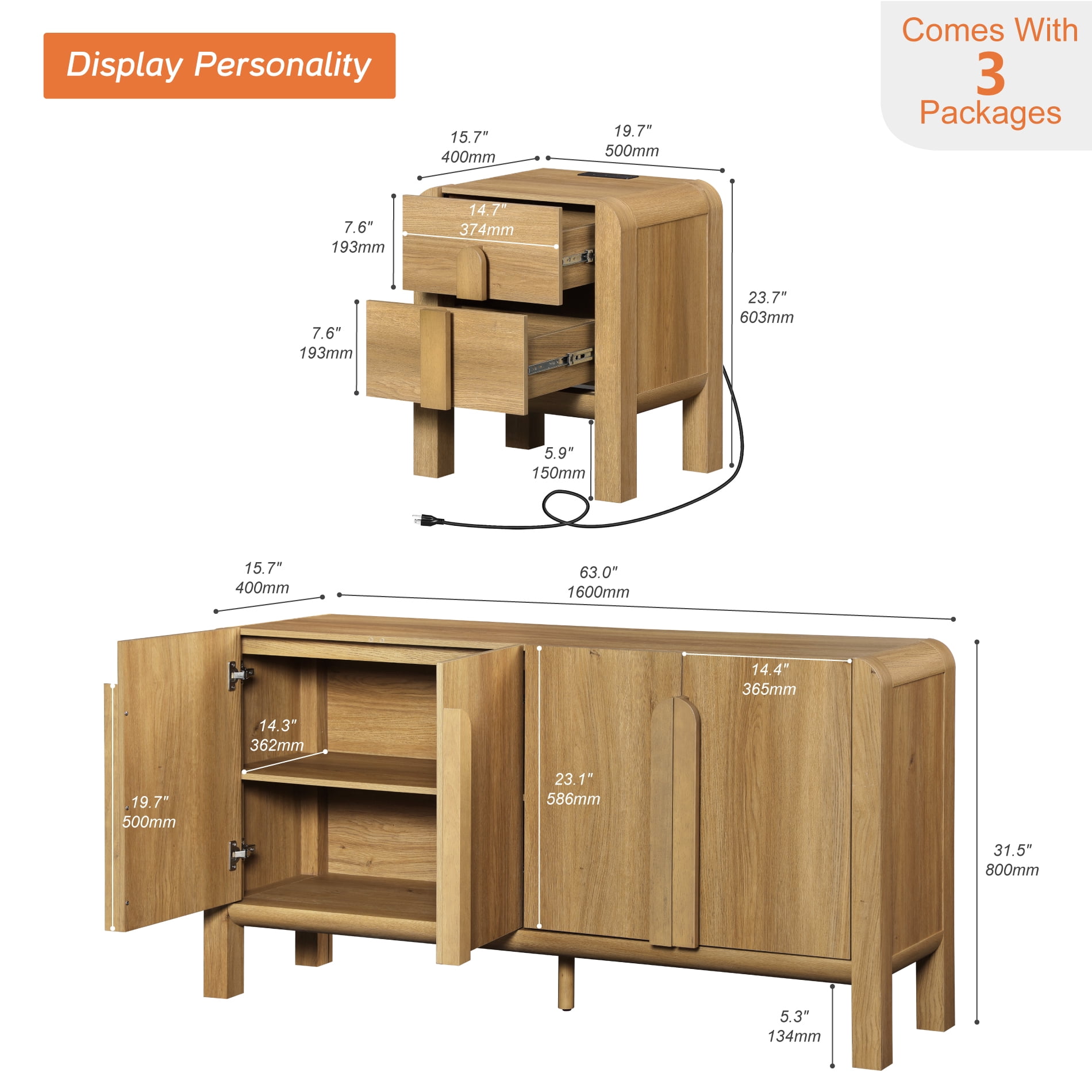 Mid Century Dresser and Nightstand Sets for Bedroom, 3 Pcs Bedroom Set，Night Stand Set of 2, Modern Dresser with Curved Profile Design, Wooden Chest of Drawers Storage Cabinet Set