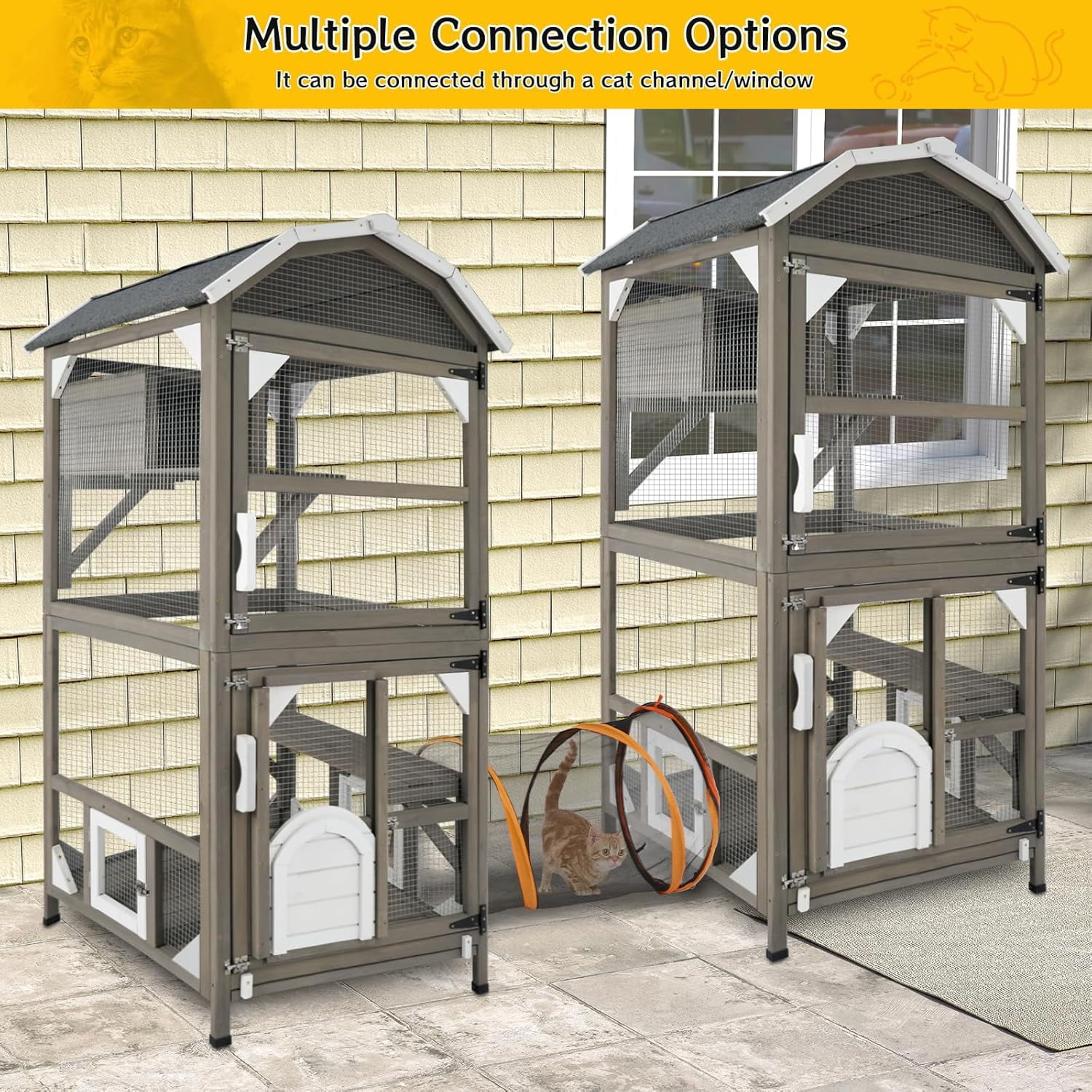 71'' Large Cat House Outdoor Catio Enclosures Indoor Kitten Cages with Attachable Window Resting Box,Waterproof Roof