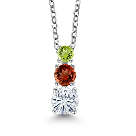 Gem Stone King White Moissanite Red Garnet Green Peridot 3 Stone Pendant Necklace for Women (0.99 cttw, Gemstone Birthstone, Round 5MM, 4MM and 3MM, with 18 inch Chain)