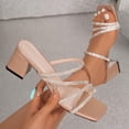 thumbnail image 2 of hoksml Women Multi Rhinestone Strap Block Heel Square Toe Slide Sandals Open Toe PU Slip On Summer Dress Shoes, 2 of 9