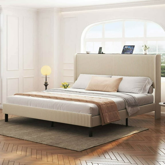 Barara King Bedroom Bed Frame, Bed Platform Frame,King Size Platform Bed, Metal Bed Frame with Charging Station, No Box Spring Needed, Beige