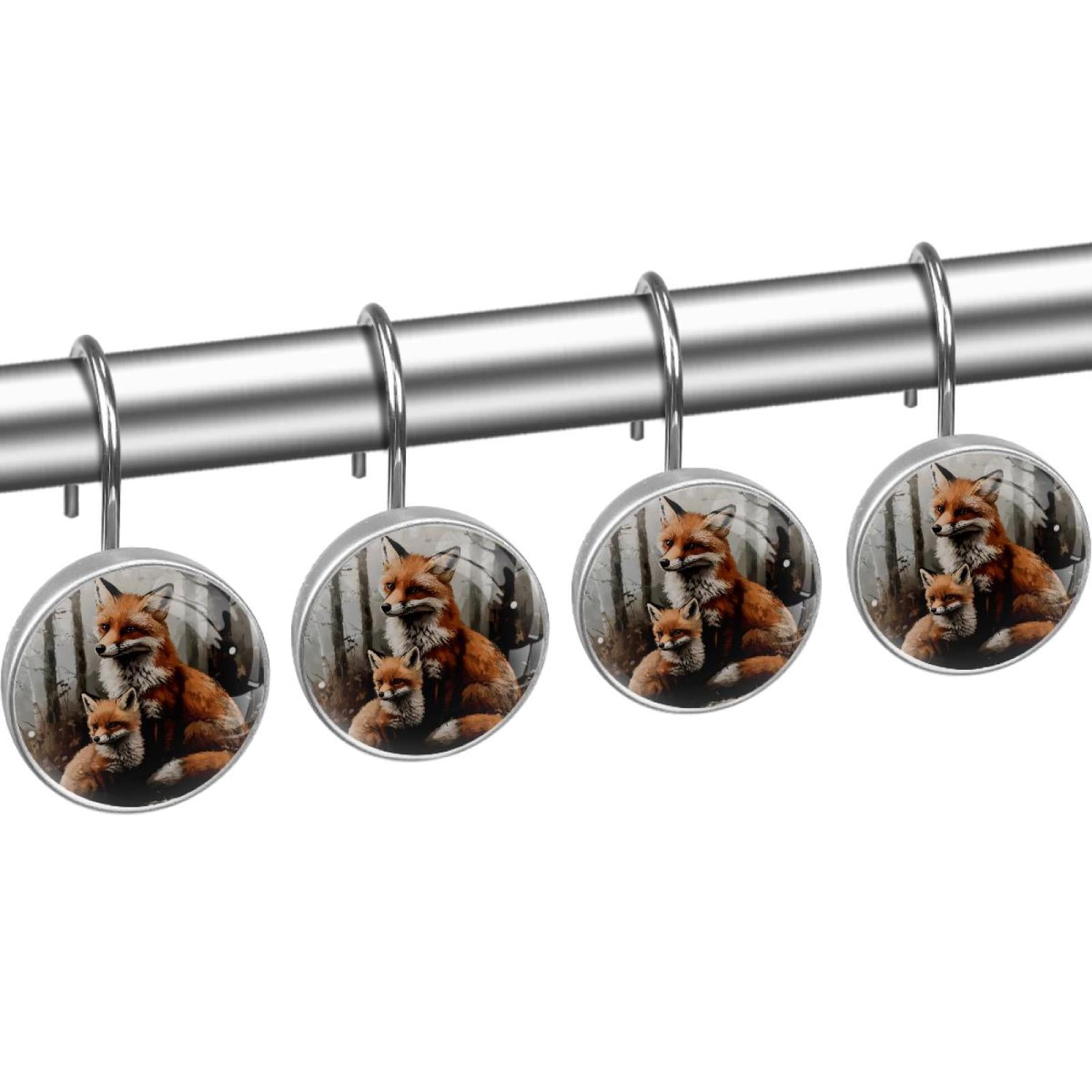 Little Fox Cub and Mother Shower Curtain Hooks Round Crystal Glass, Set of 12 Shower Curtain Rings - Shower Hooks for Curtain Shower Rings