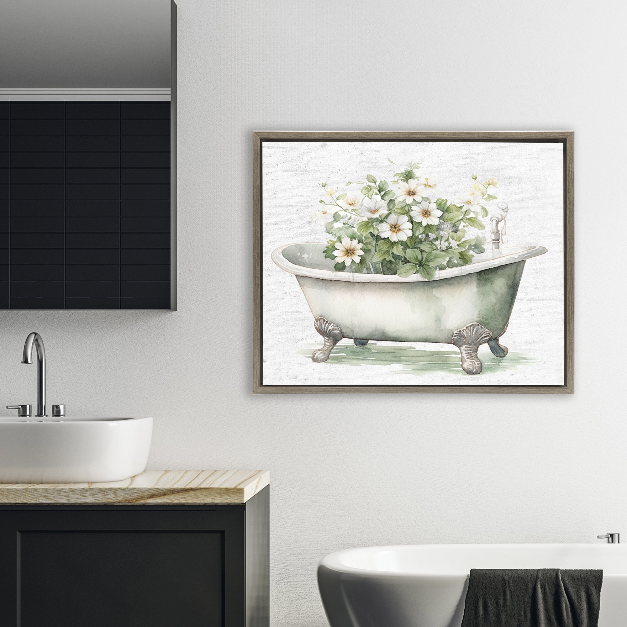 Boho Tub with Daisies Brown Framed Floater Canvas Wall Art, design by Lettered and Lined