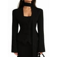 thumbnail image 1 of Chaqueta de Traje de Larga para Mujer, Color Liso, Cuello en V, Corte Entallado y Hombreras Negro M, 1 of 8