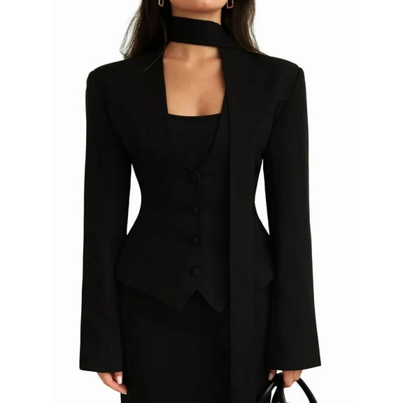 Women'S Long-Sleeved Suit Jacket, Solid Color V-Neck Scarf Slim Fit with Padded Shoulders Black L