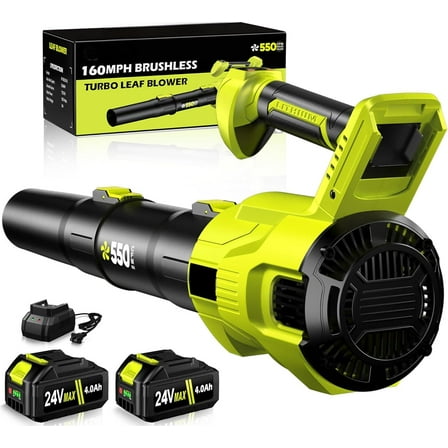 Cordless Leaf Blower, 550CFM (160MPH) Brushless Turbo Blower, 24V High Power Battery Powered Leaf Blowers with 2x4.0Ah Battery & Charger, Electric Blowers Variable Speeds for Lawn&Garden