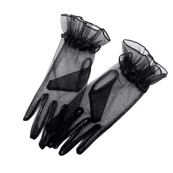 bestolf Women Ruffle Tulle Gloves Sheer Wrist Gloves Retro Style Wedding Bridal Short Gloves for Prom Evening Cosplay Party Stage Costume (Black )