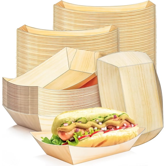 100 Pack 2Lb Paper Food Boat Trays Disposable Paper Boats Containers, Wood Grain Kraft Food Serving Tray Boats Plates for Snack Popcorn Bakery Dessert Sandwich Hotdog BBQ Taco Fries Nacho