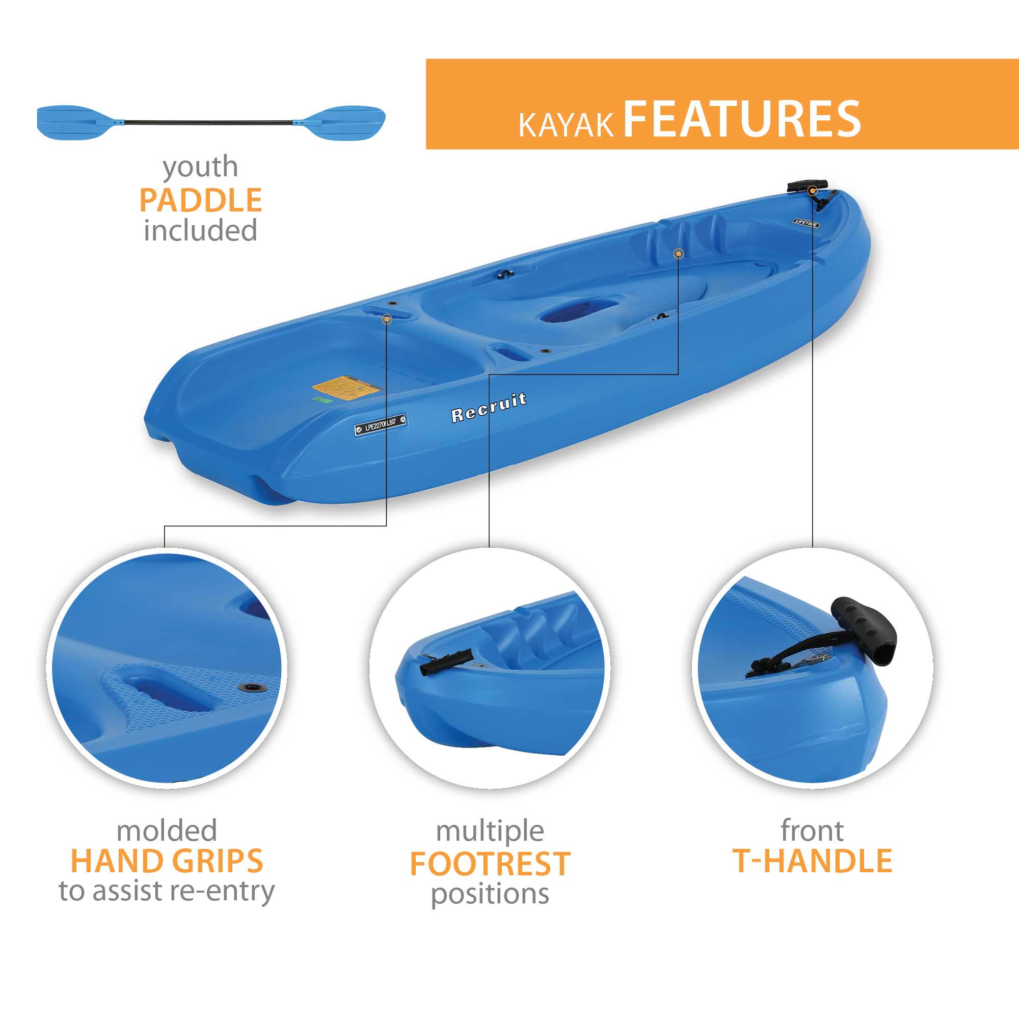 Lifetime Recruit 6.5 ft Youth Sit-on-Top Kayak, Dragonfly Blue (90746) - image 5 of 14