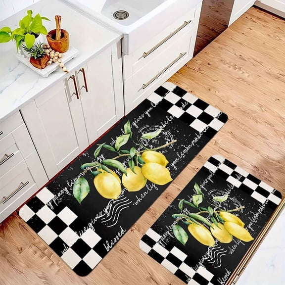 AIOE Lemon Kitchen Mat Set of 2 Tropical Lemon Kitchen Mats Rugs Non Skid Washable Anti Fatigue, Buffalo Plaid Black White Doormat Carpet for Bedroom/Bathroom/Living Room 17"x47" 17"x29.5"
